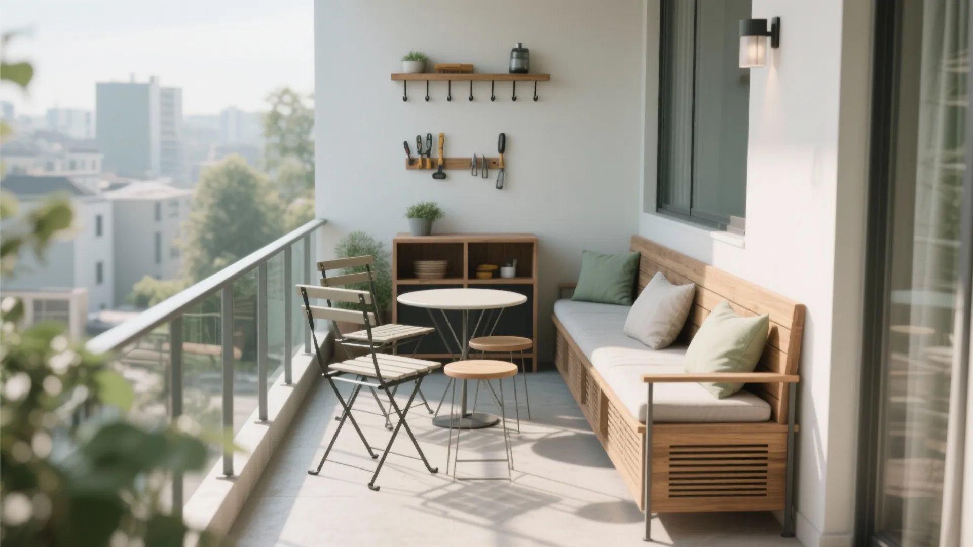 A narrow storage bench and petite bistro set create compact seating and hidden storage on a balcony.