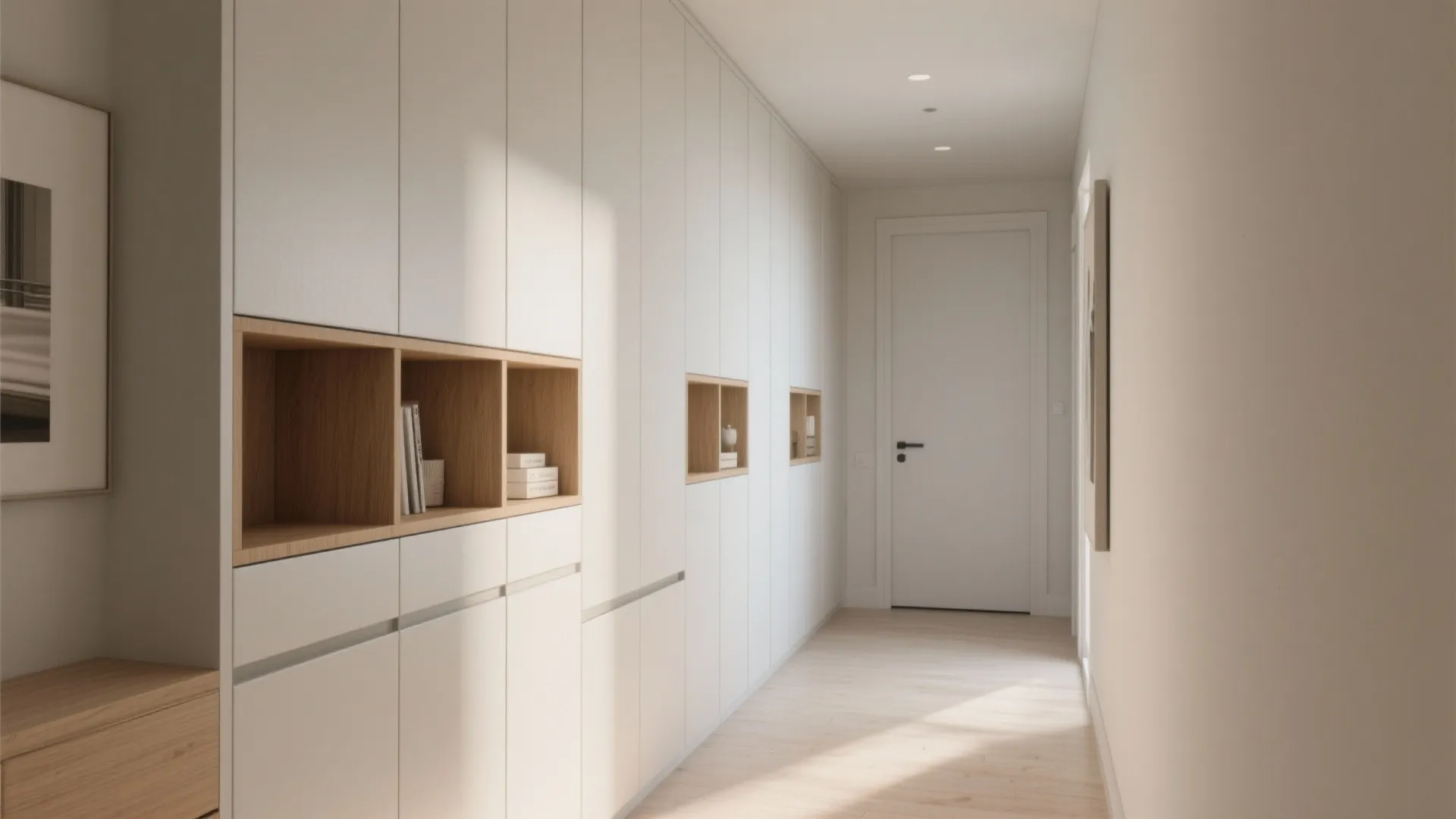 Minimalist white hallway cabinet with wooden shelf inserts and clean white doors in bright natural light