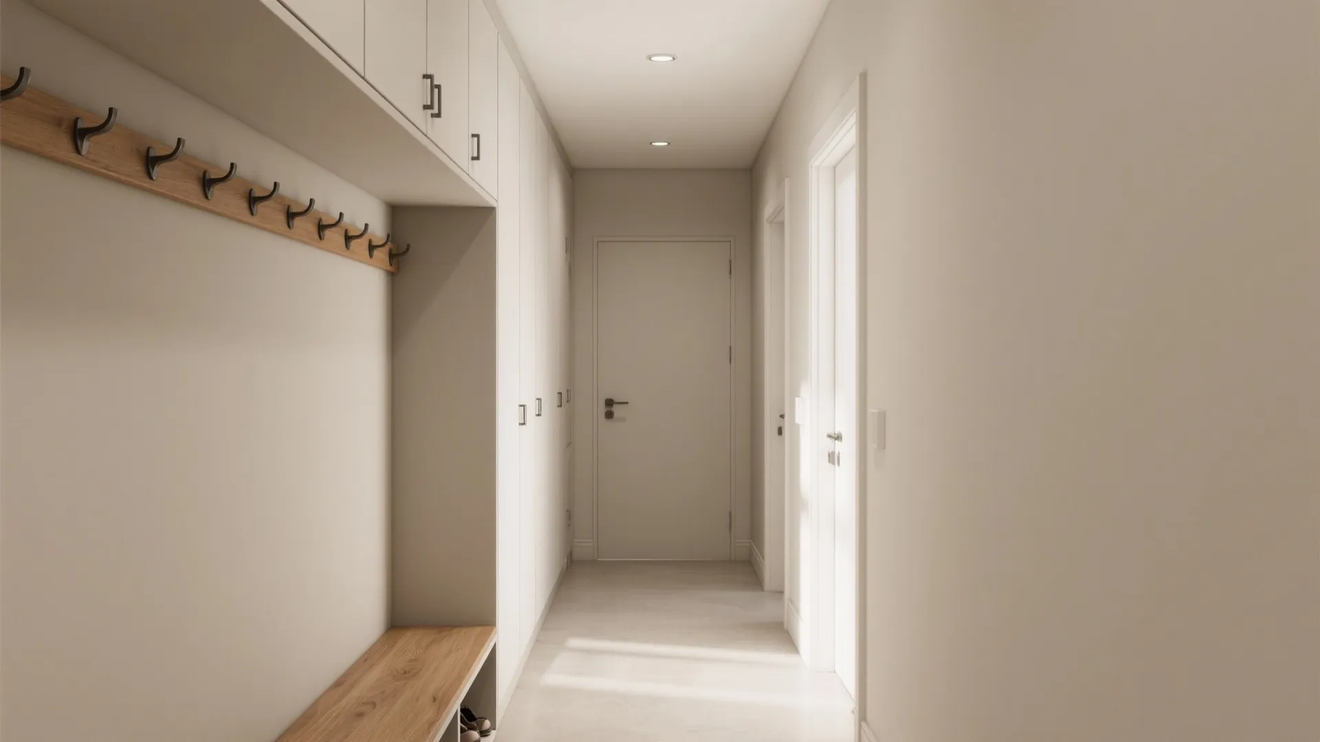 Bright hallway featuring white storage cabinets with wooden bench and coat hooks for organized entryway design