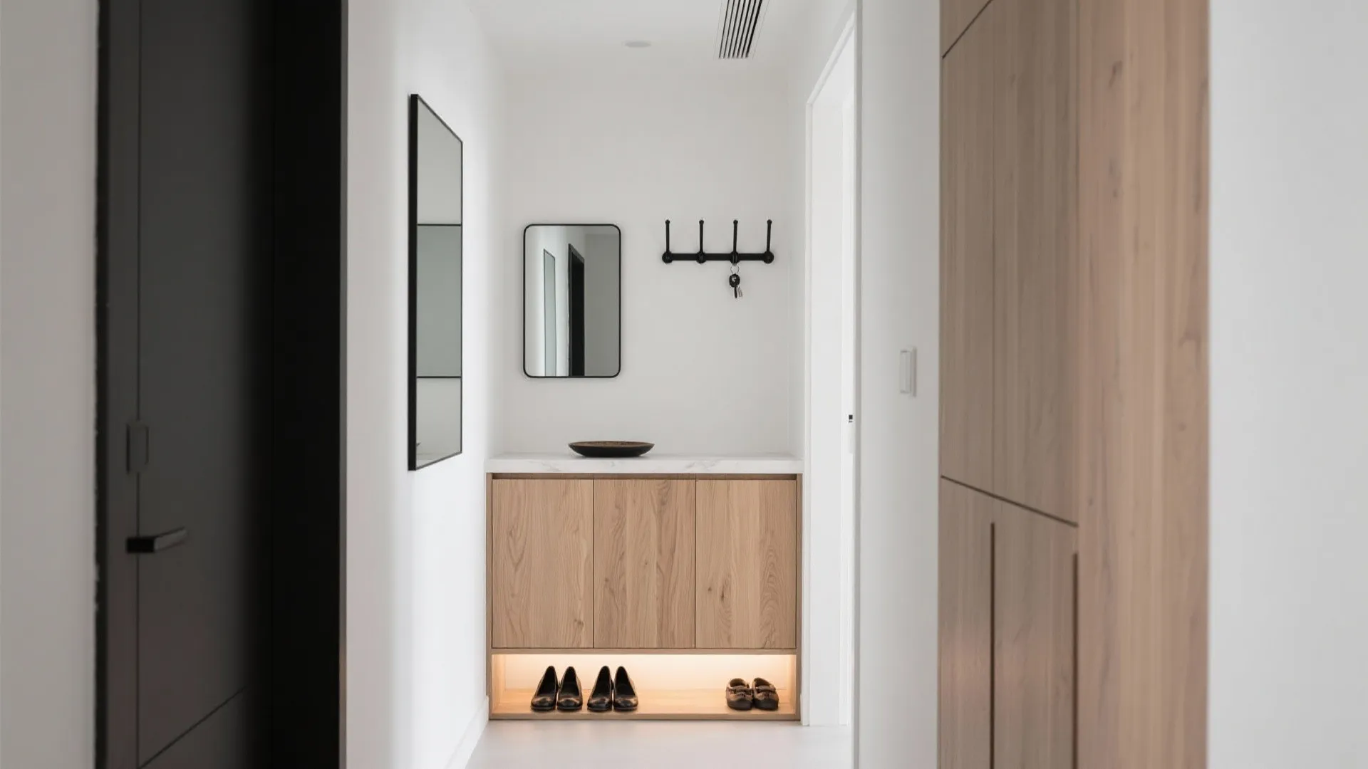 1) Slim Storage That Breathes: Shallow Cabinets, Open Hooks, and Negative Space