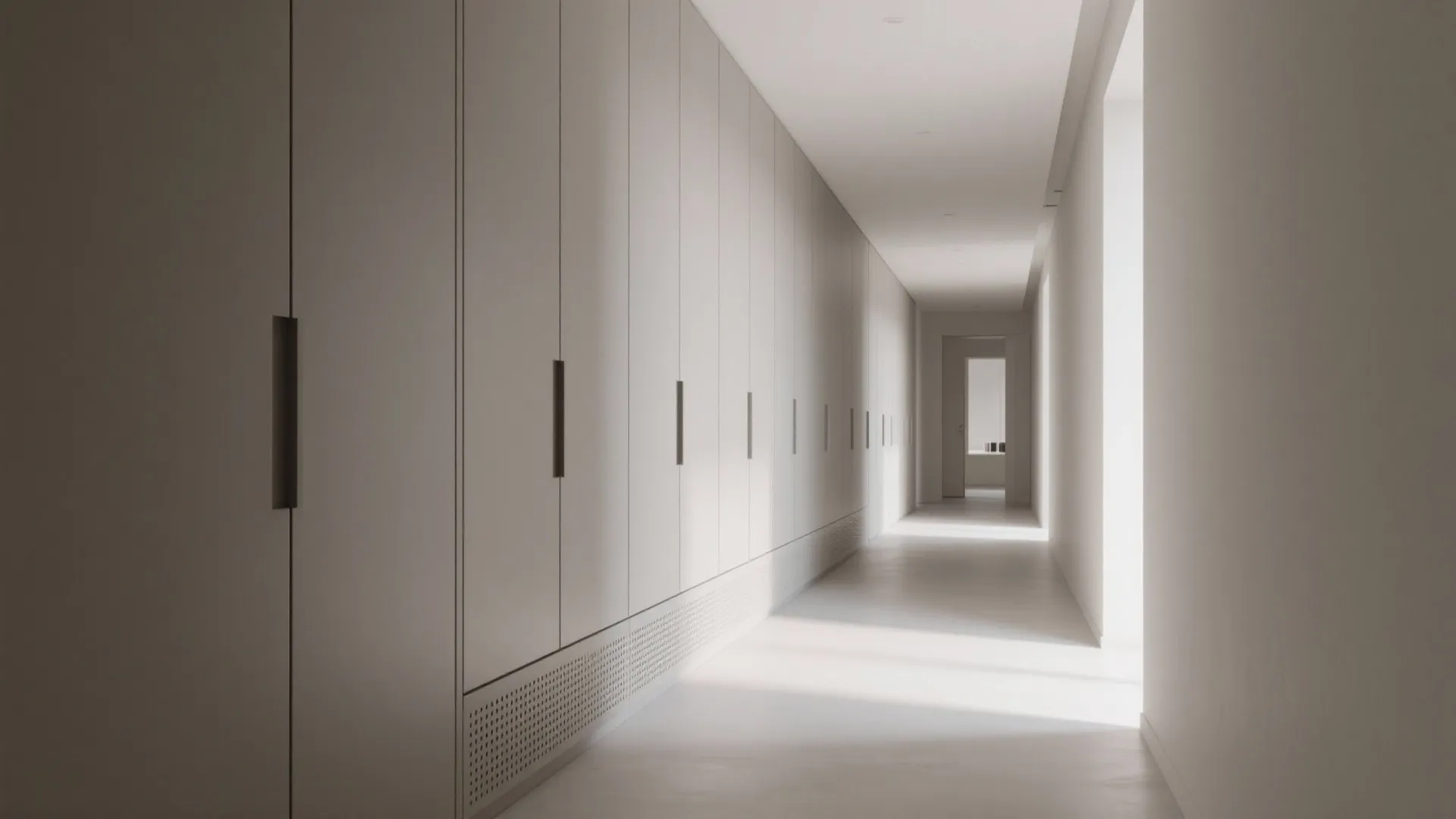 Clean-lined storage wall for narrow halls