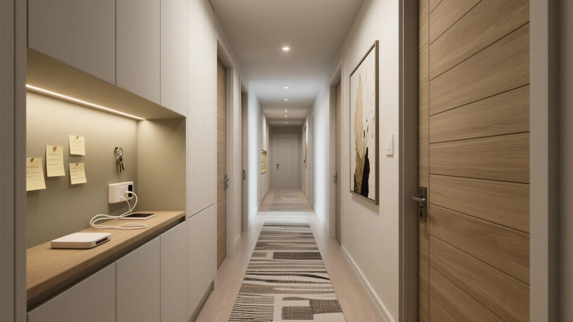Modern narrow hallway with white cabinets wood doors patterned floor runner and warm ceiling lights