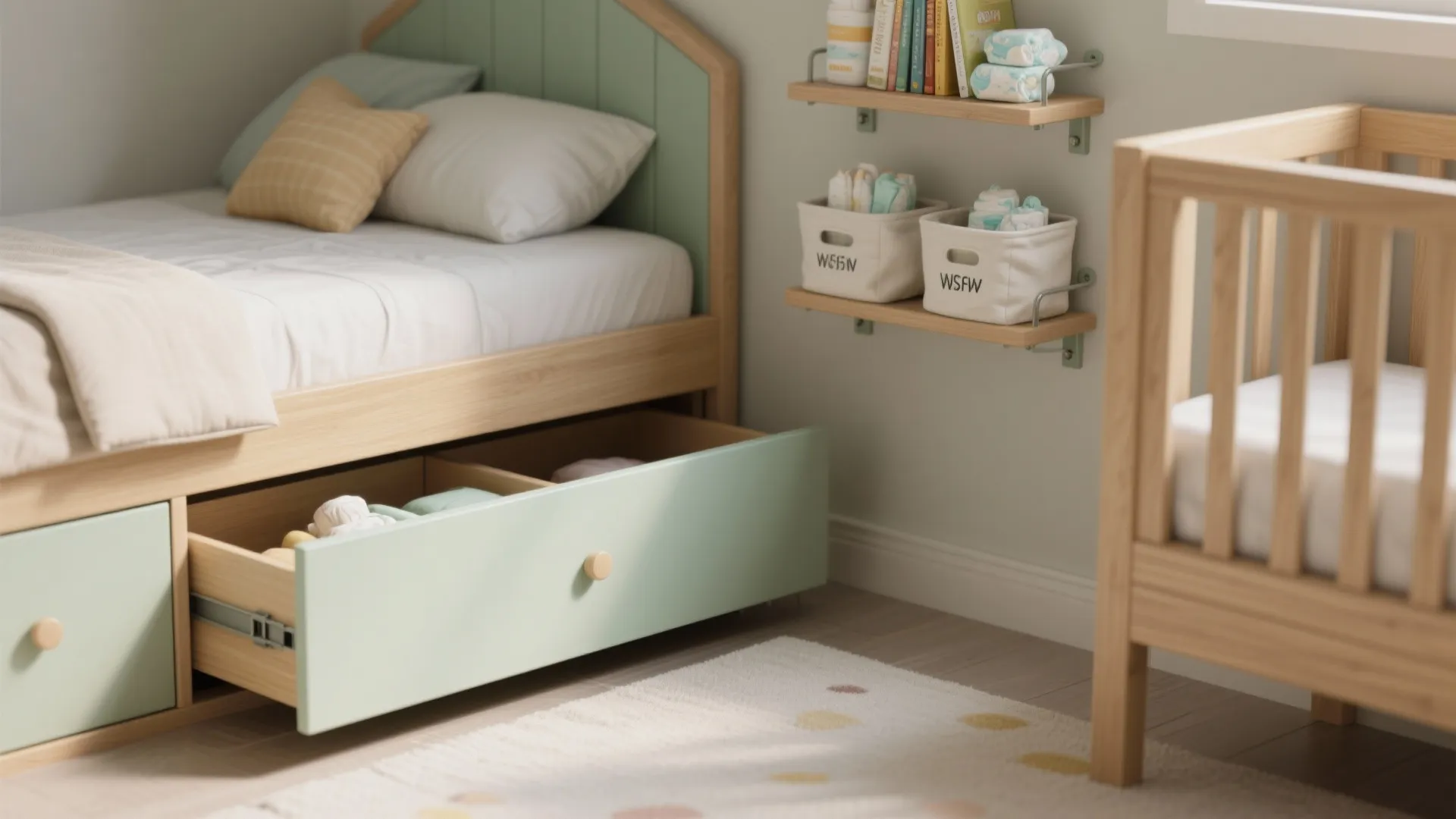 Wooden bed with open green storage drawer showing organized baby clothes and wall mounted shelves