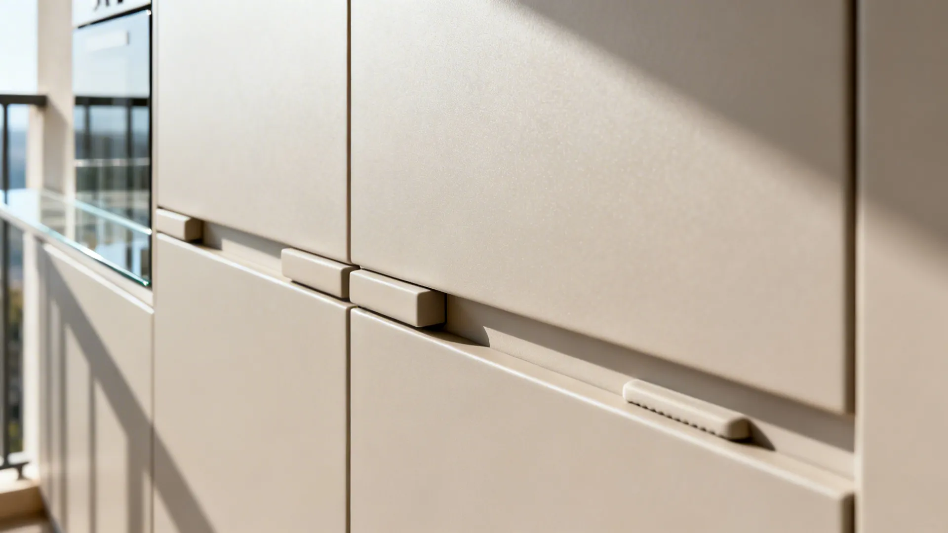 Macro of matte cabinet with flush pull and anti-slam details in a balcony kitchen.