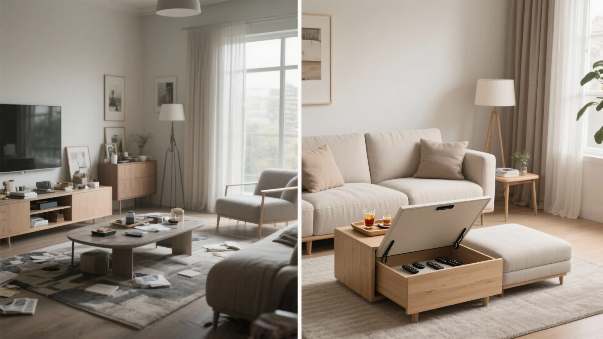 Comparison of messy living room versus organized space with hidden storage coffee table and sofa