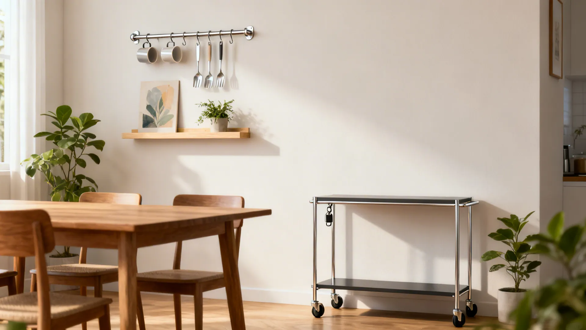Slim rail-and-hook storage, a narrow floating shelf, and a console on casters beside a small dining table.