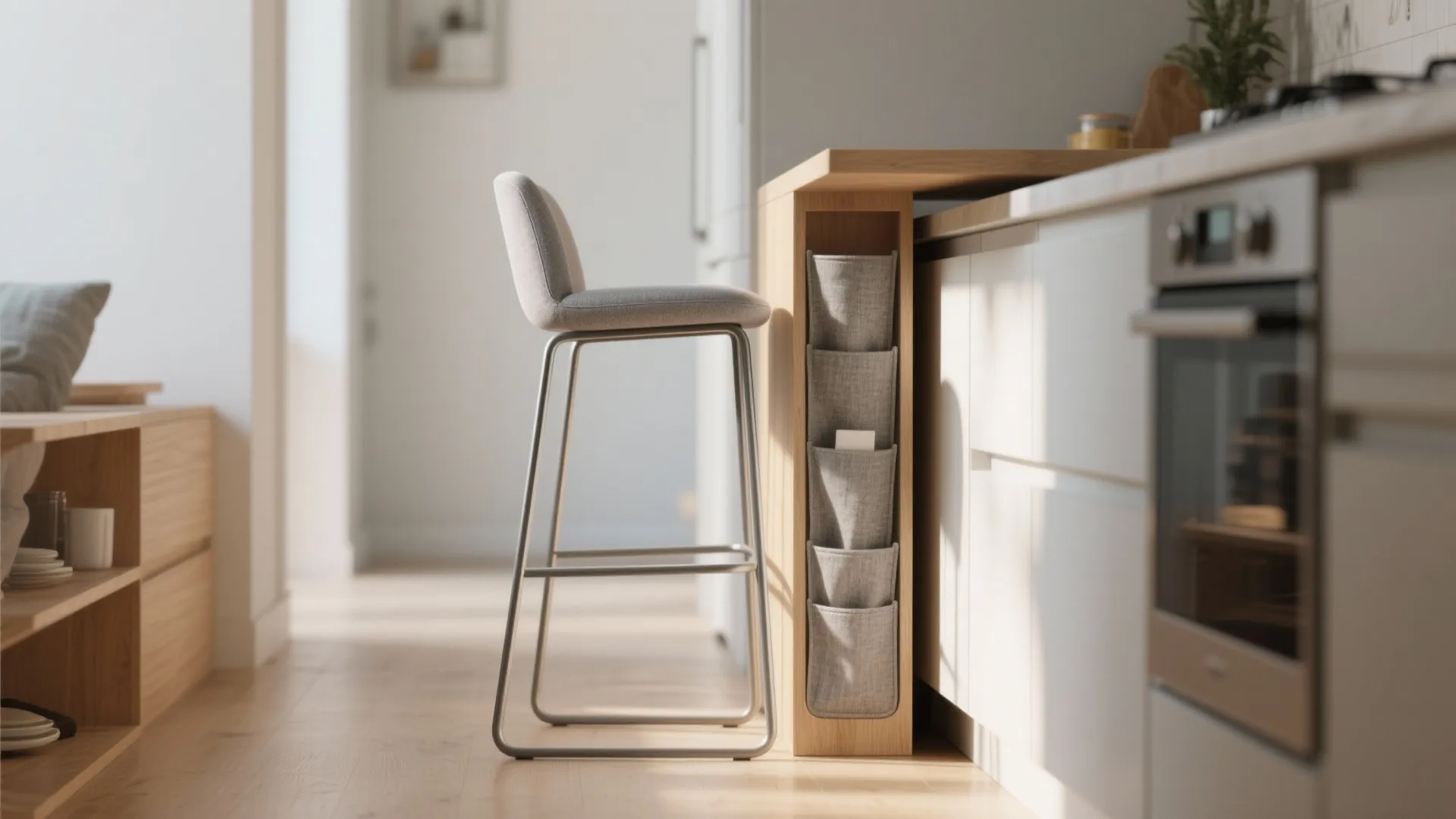 Kitchen island with wooden counter slim vertical pocket storage grey chair and white cabinets oven
