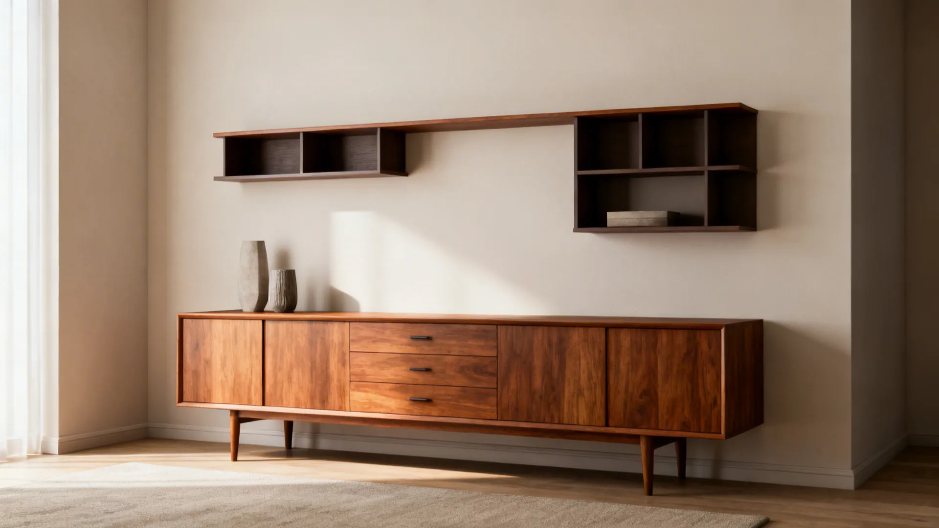 Slim mid-century credenza with floating shelves creating airy storage in a small living room.