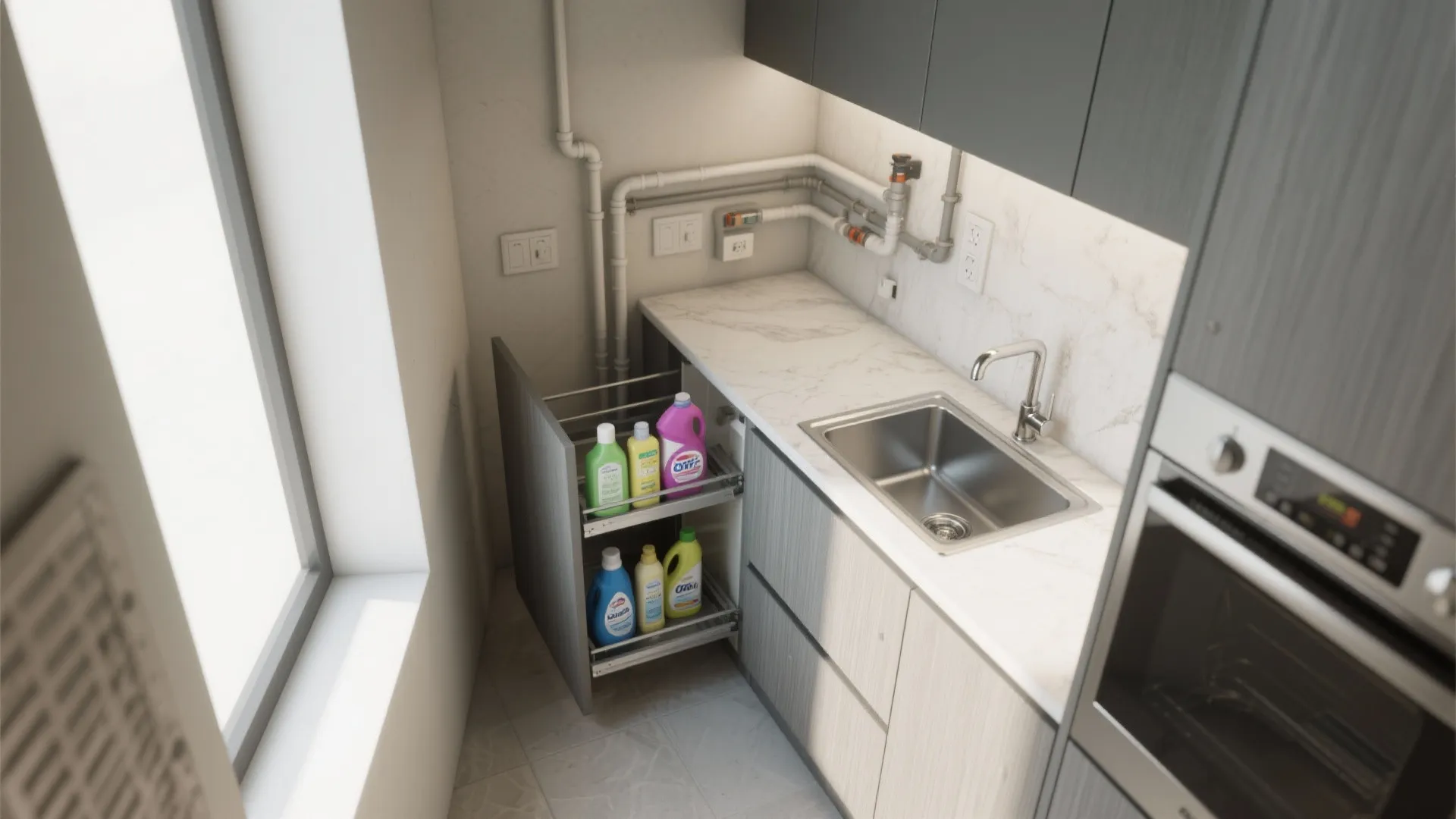 Narrow laundry alcove with pull-out shelves, a compact shallow utility sink, and slim cabinets for detergents.