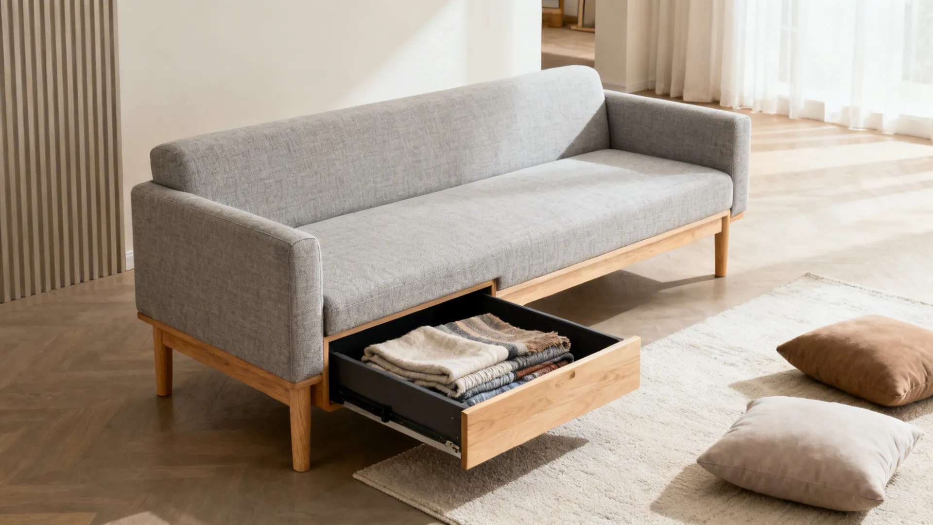 Slim storage sofa with tight arms and open chaise in a bright small living room.
