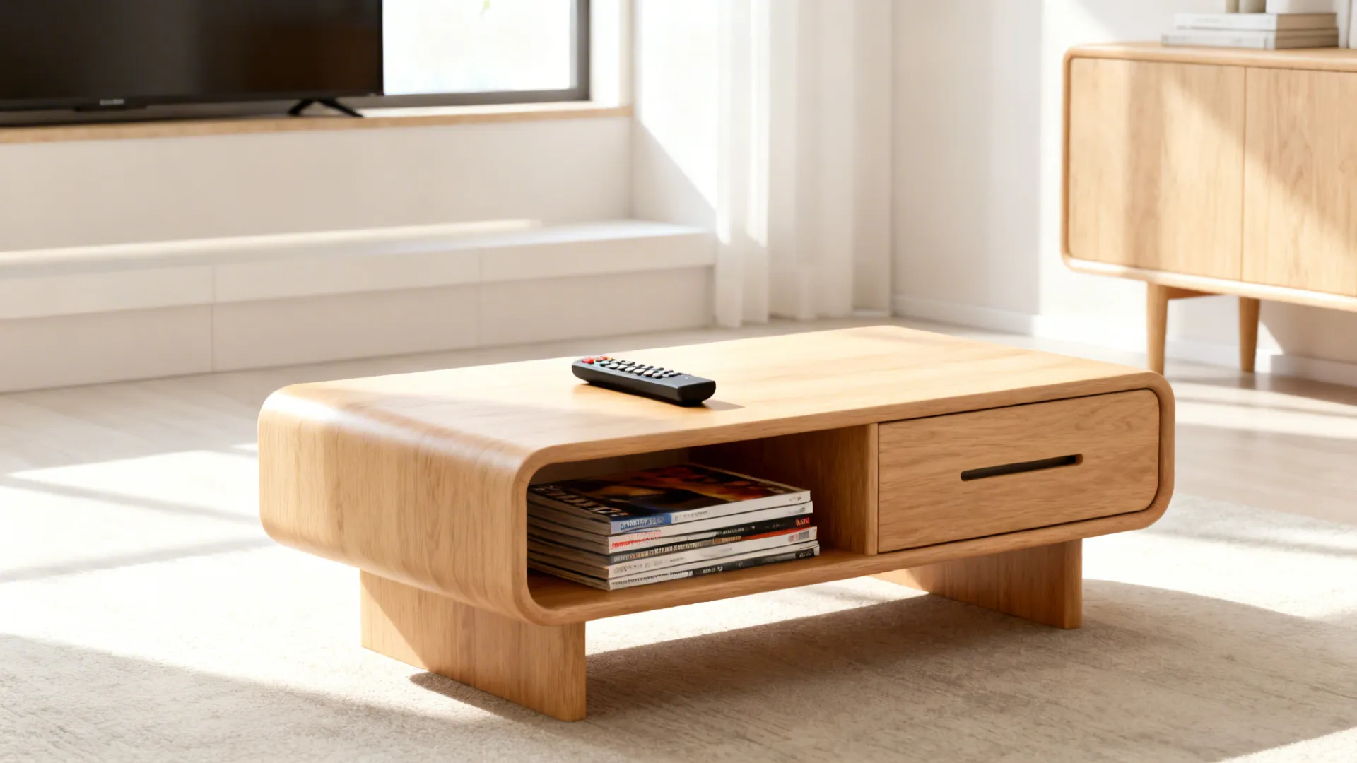 Light wood coffee table with storage drawer and open shelf holding magazines in bright room