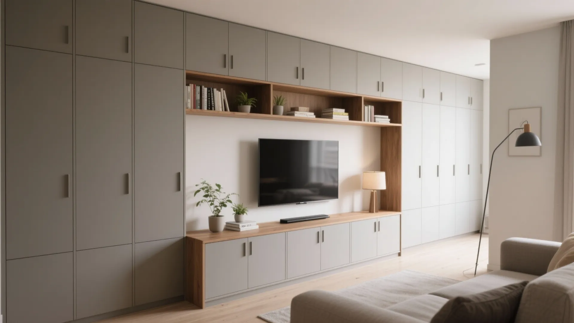 Slim Storage Wall: 12-Inch Cabinets + Open Ledge