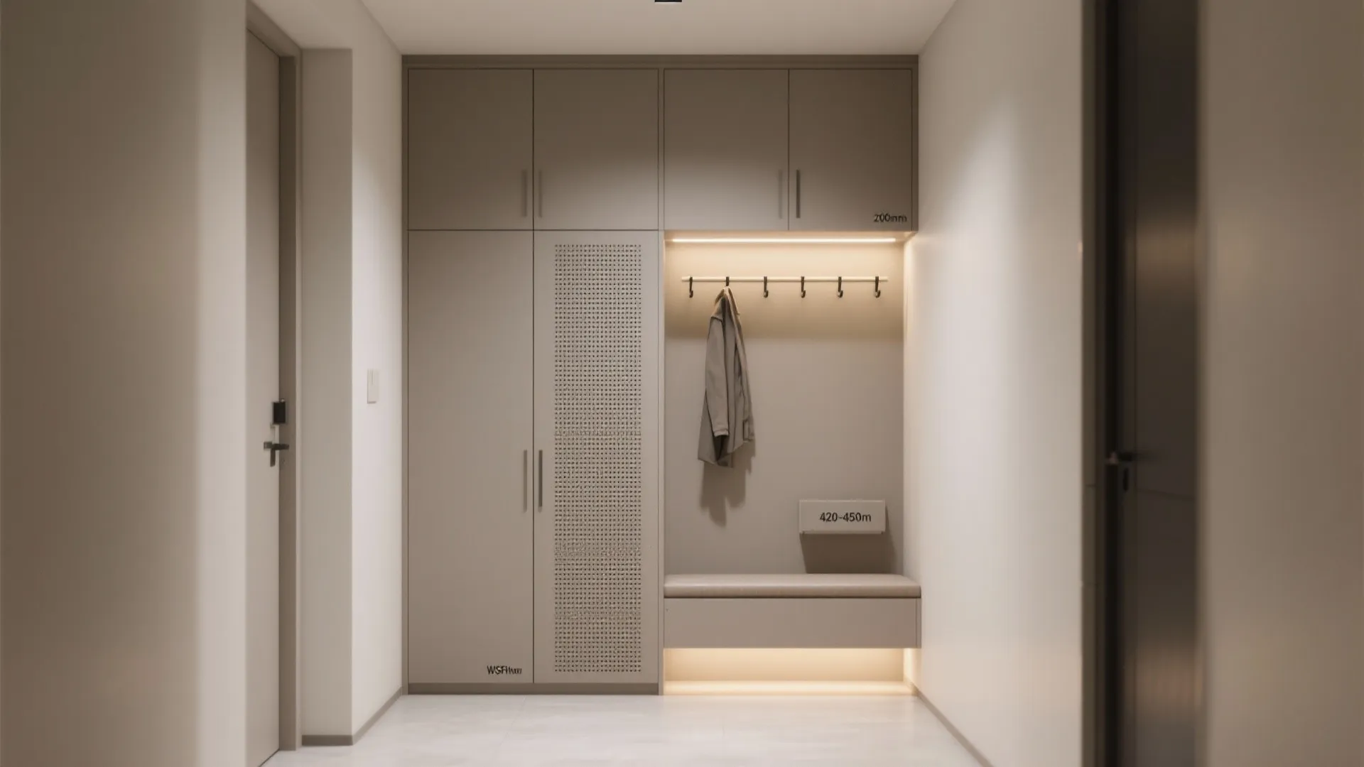 Integrated Storage Wall: Slim Cabinets & Hooks