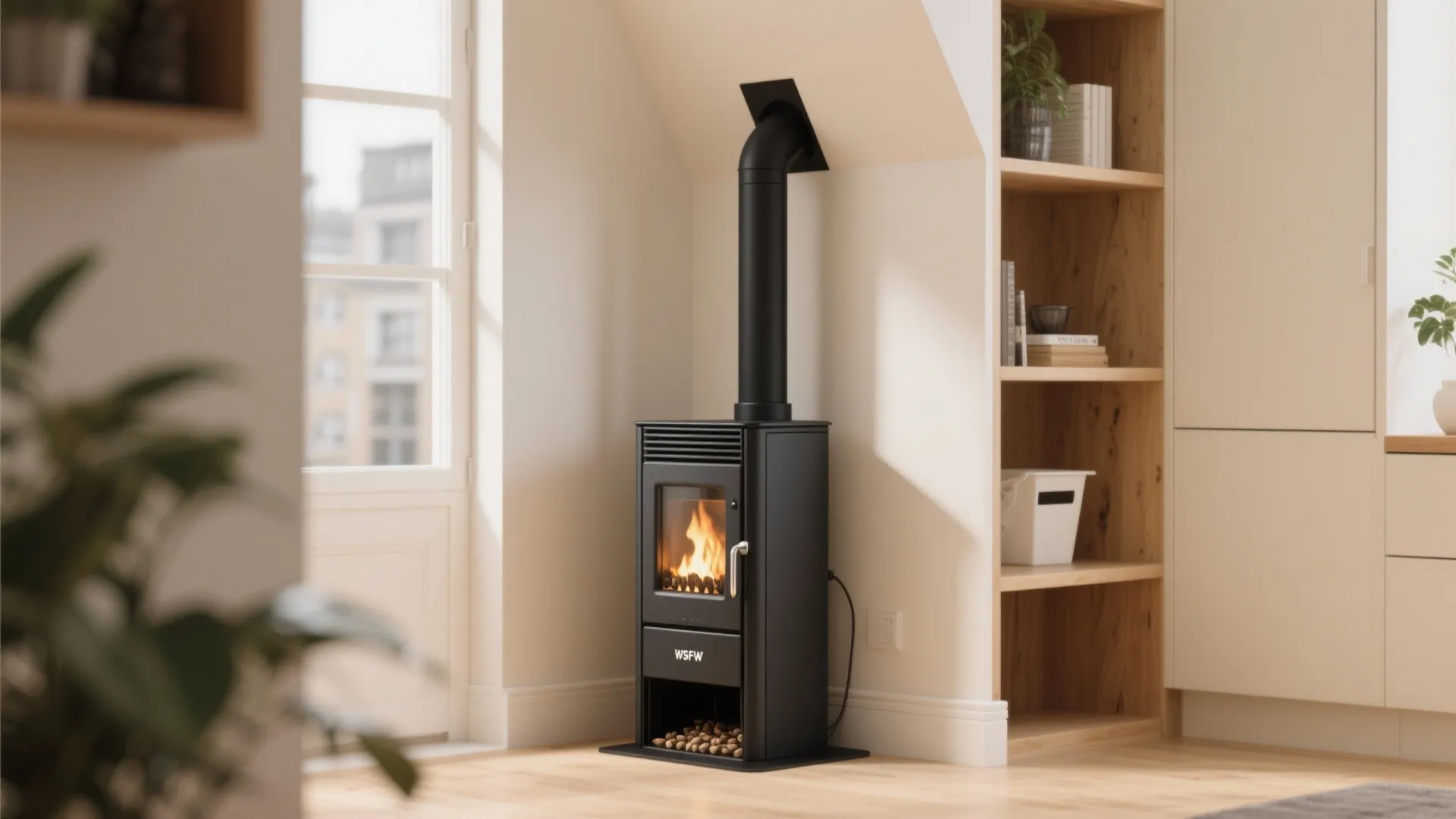 Slim-profile pellet stove installed in a narrow alcove beside built-in shelving in a small living space.