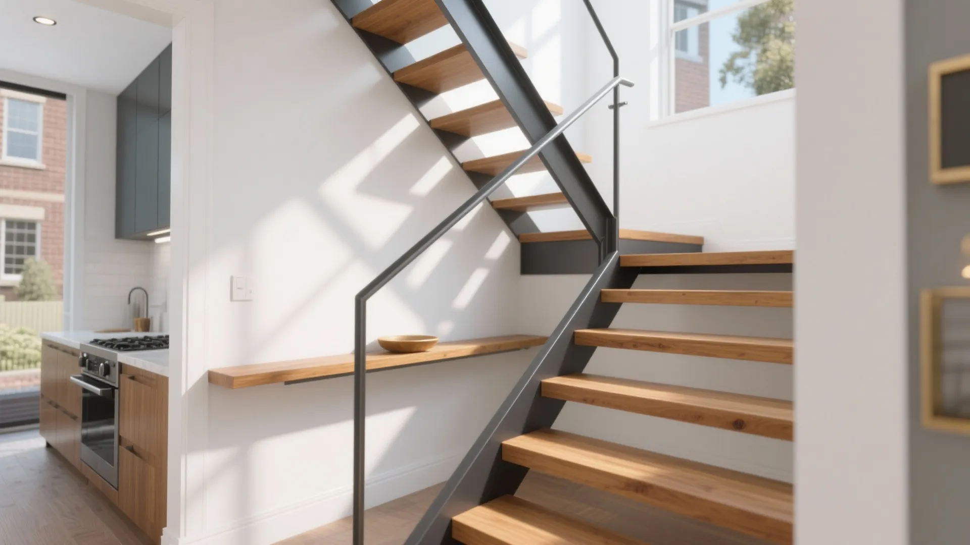 Modern wooden stairs with black metal frame next to a bright kitchen and white walls