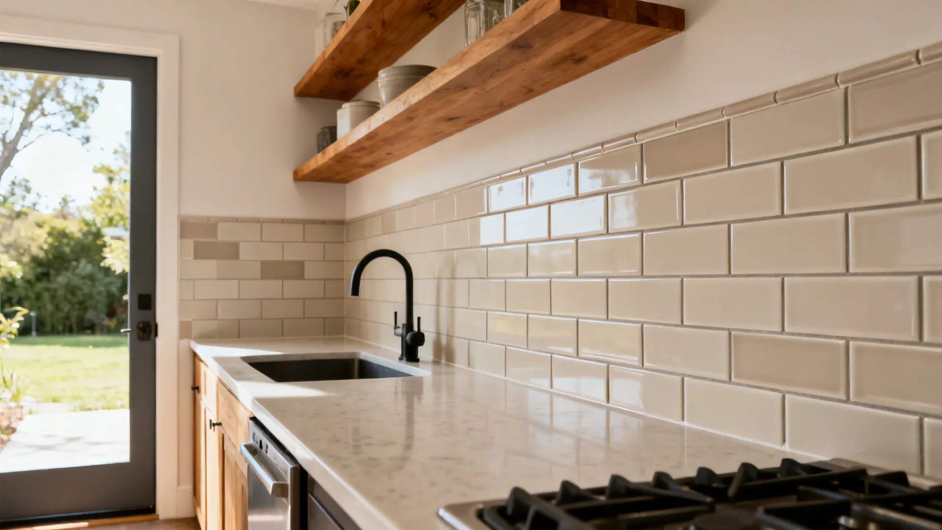 Slim satin subway tiles with color-matched grout in a compact kitchen backsplash.