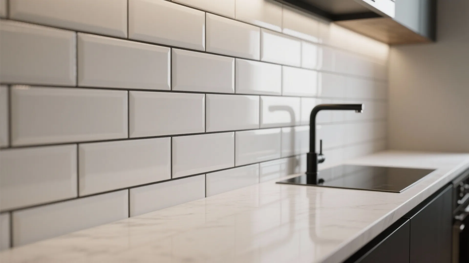 Close-up of slim white subway tiles with dark grout in a narrow kitchen, showing clean lines and texture.