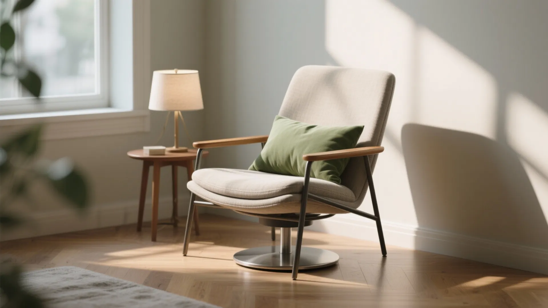 Modern swivel chair with green cushion beside small side table and lamp in bright room