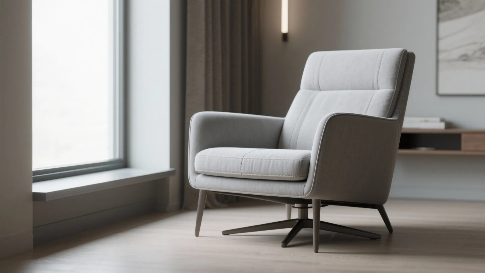 Grey fabric swivel chair on wooden floor near large window with curtains and wall light