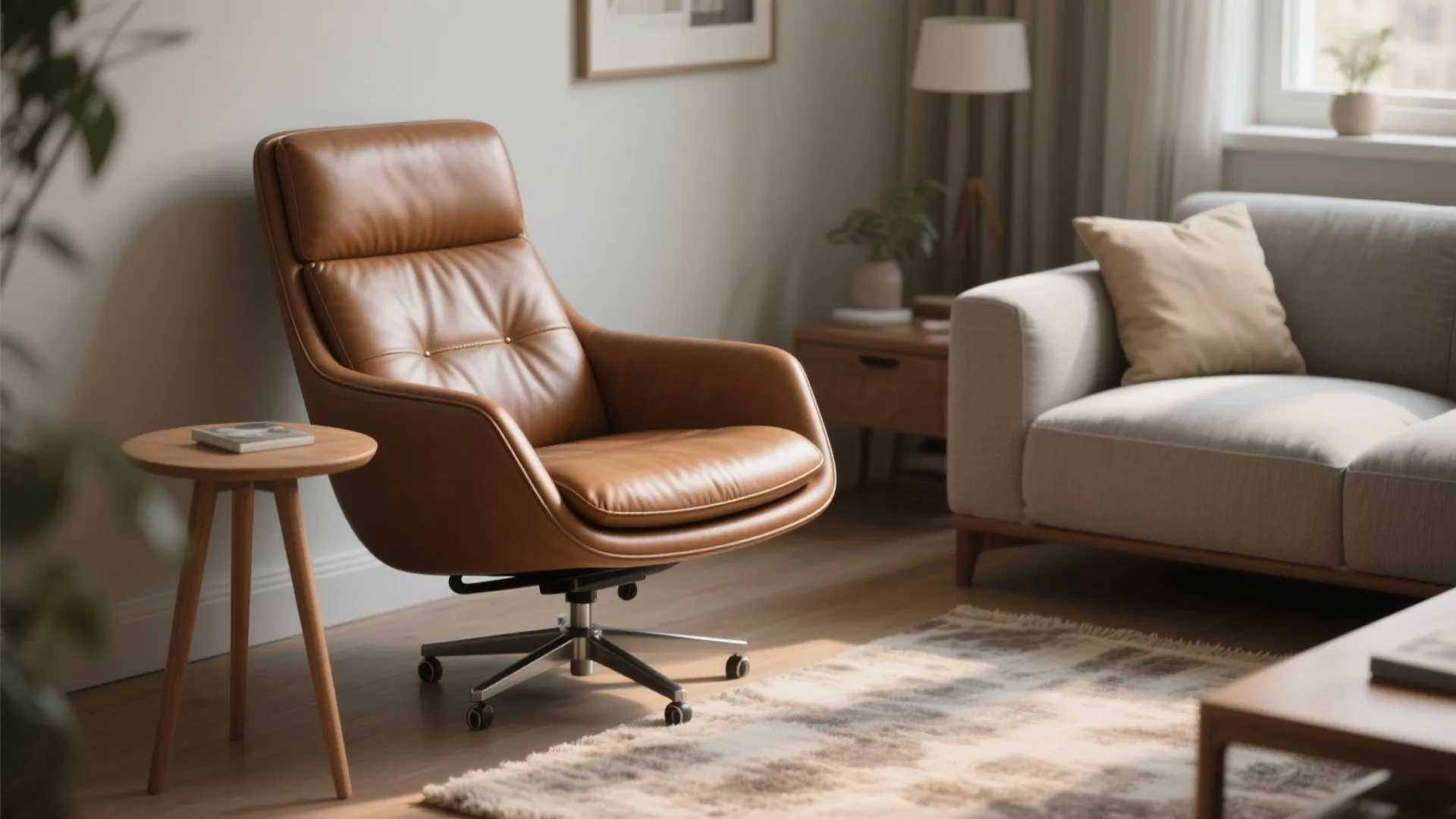 Slim-profile leather swivel recliner with tapered legs in a small living room corner, shown from eye level.