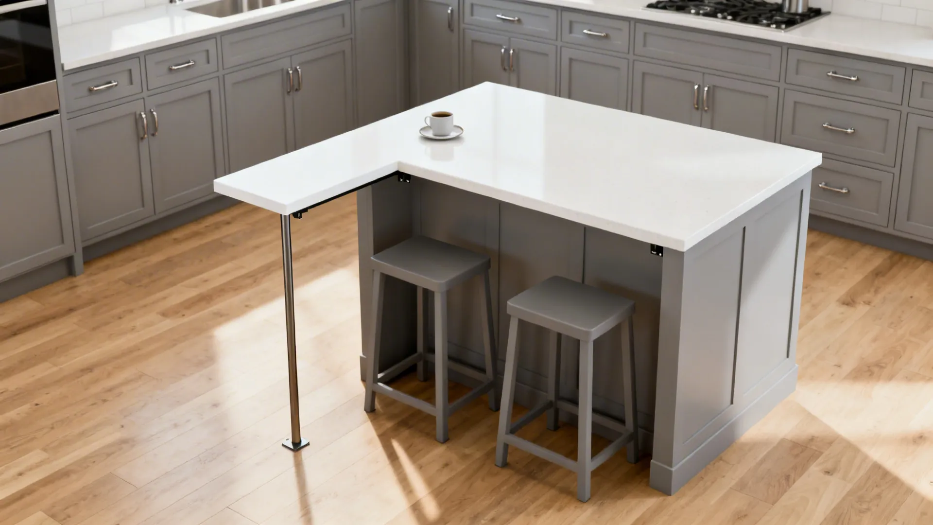 Slim T-bar island extension with white quartz top and two backless stools tucked underneath.
