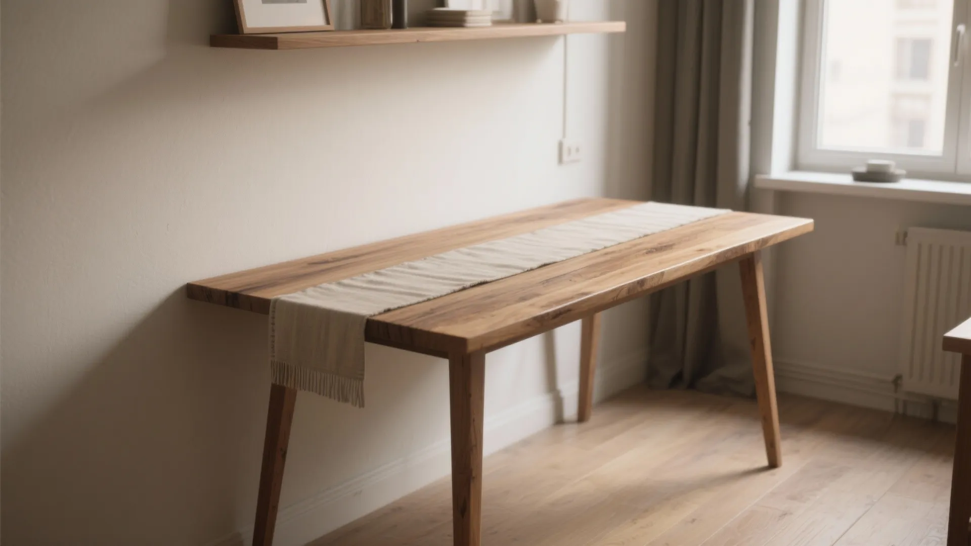 Slim wooden table with a white runner, wooden shelf, white wall, wood floor, and window