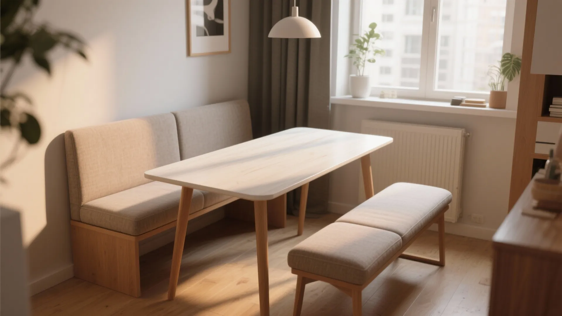 Slim rectangular table with bench seating
