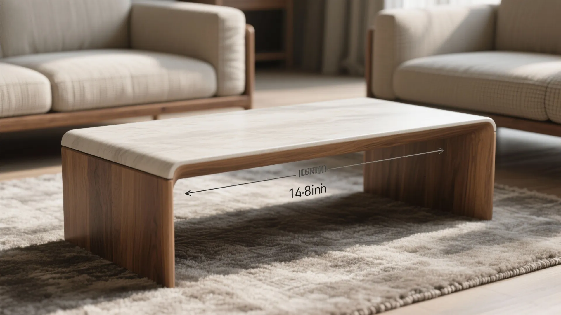 Macro of slim coffee table showing knee clearance between facing loveseats.