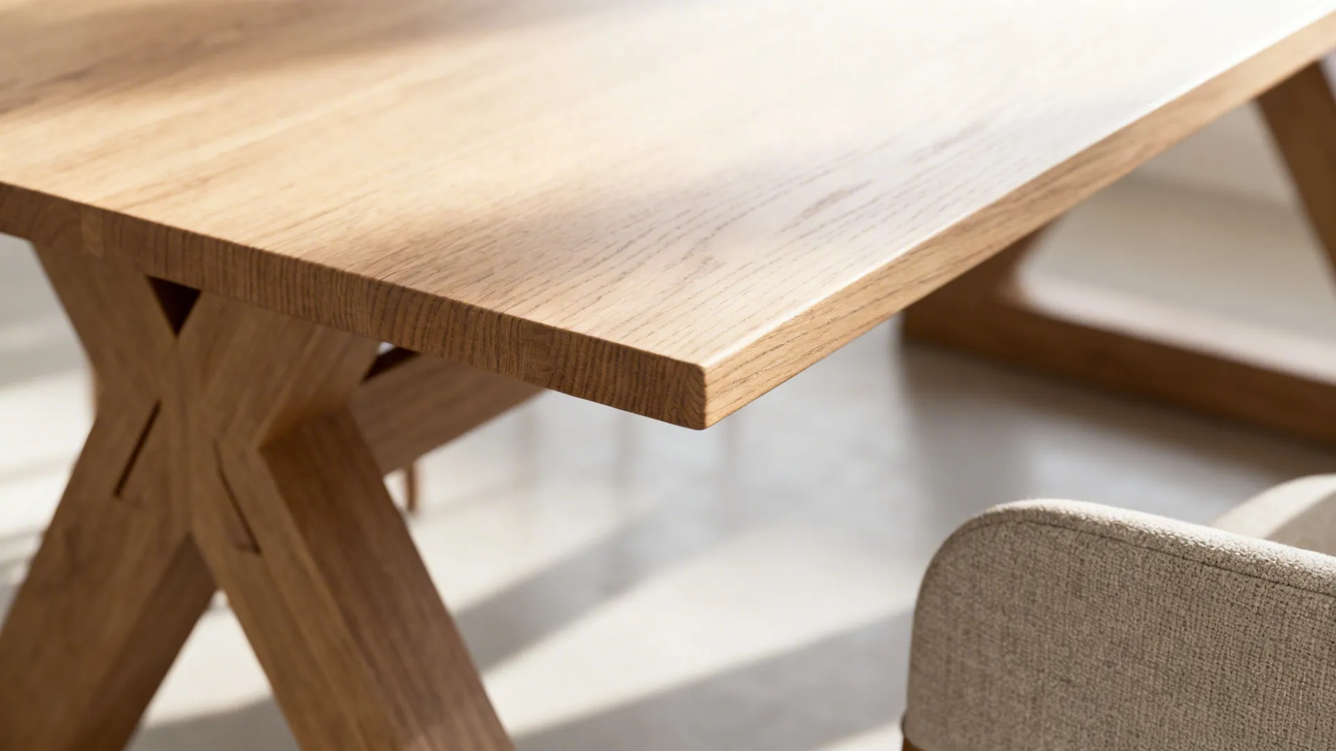 Close-up of slim oak tabletop and trestle base with matte finish.