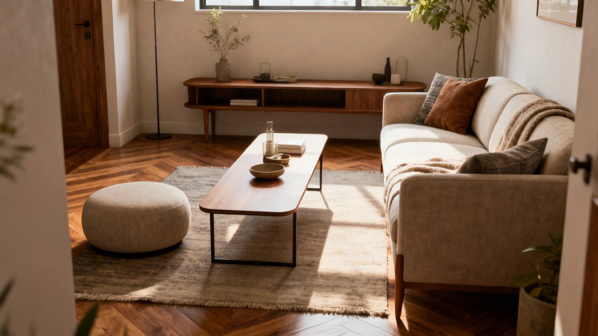 Narrow coffee table paired with a round ottoman in a small living room, keeping circulation clear.