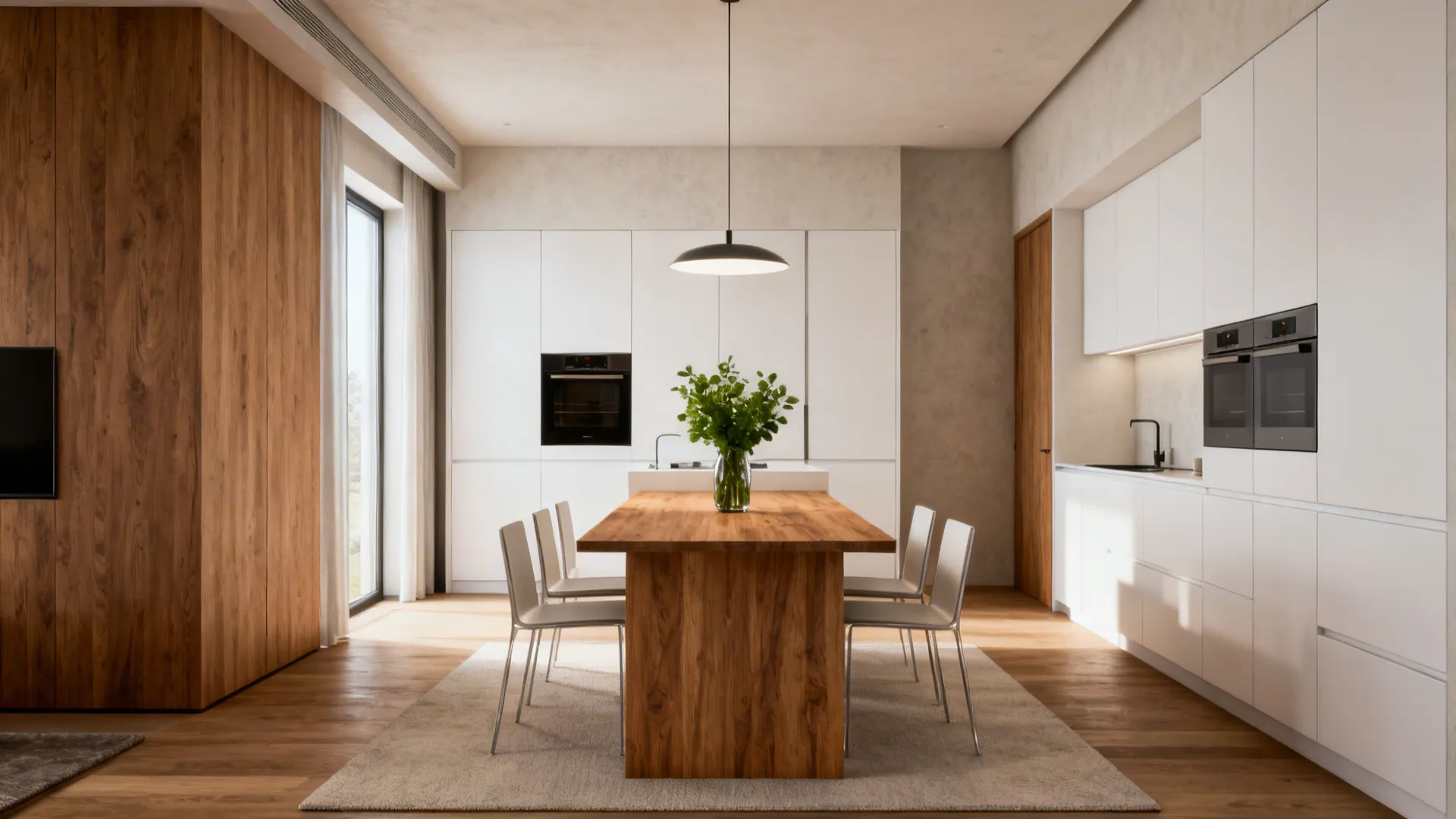 Slender oak dining table centered in a narrow open kitchen with clear circulation.