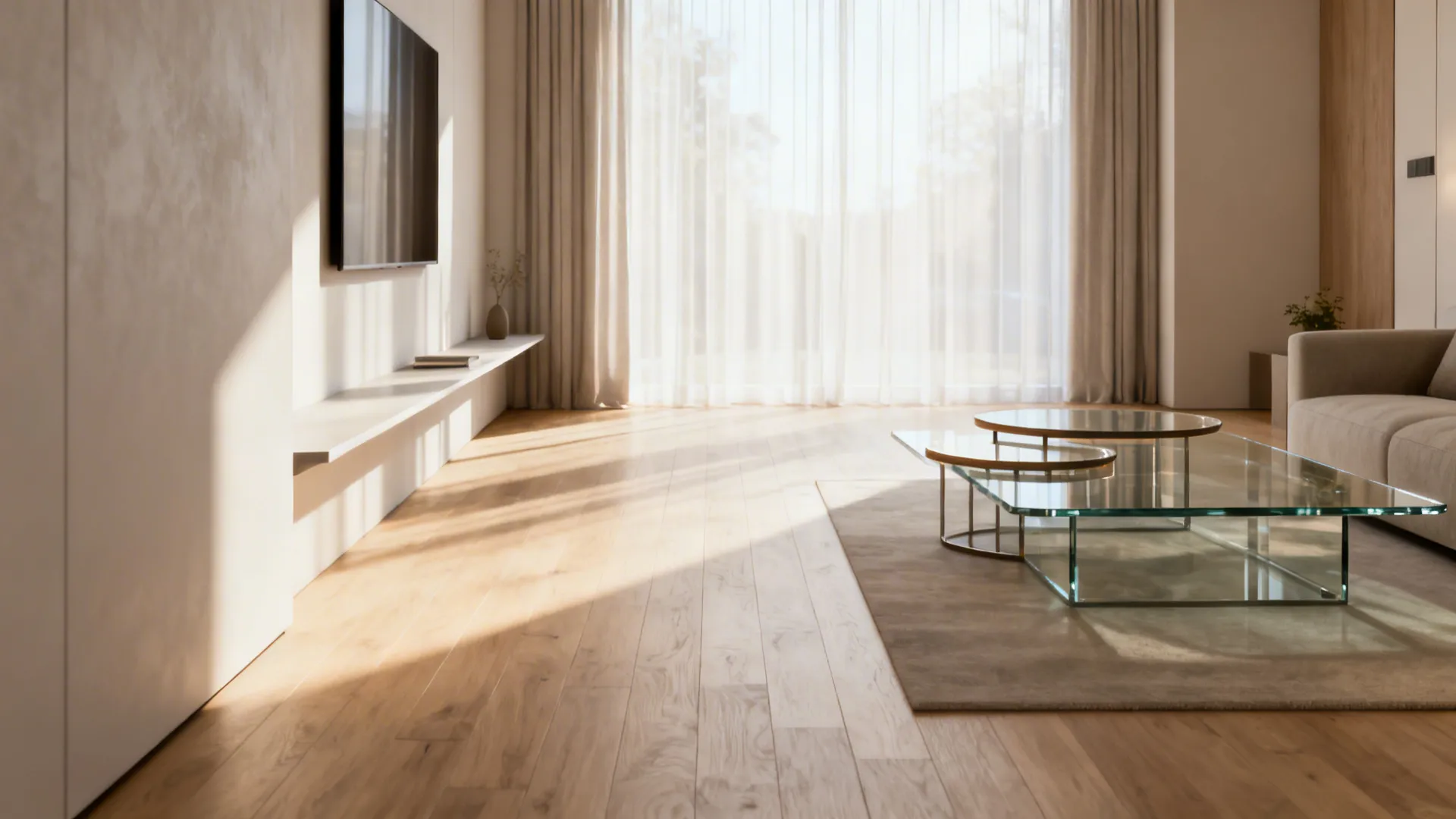 Long narrow living room with glass-top coffee table and slim nesting tables keeping sightlines open