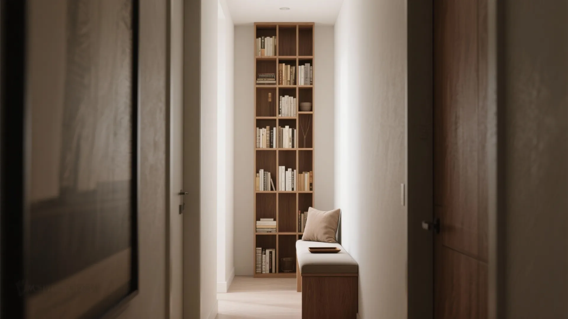 2. Slim, tall bookcase that hugs a narrow wall