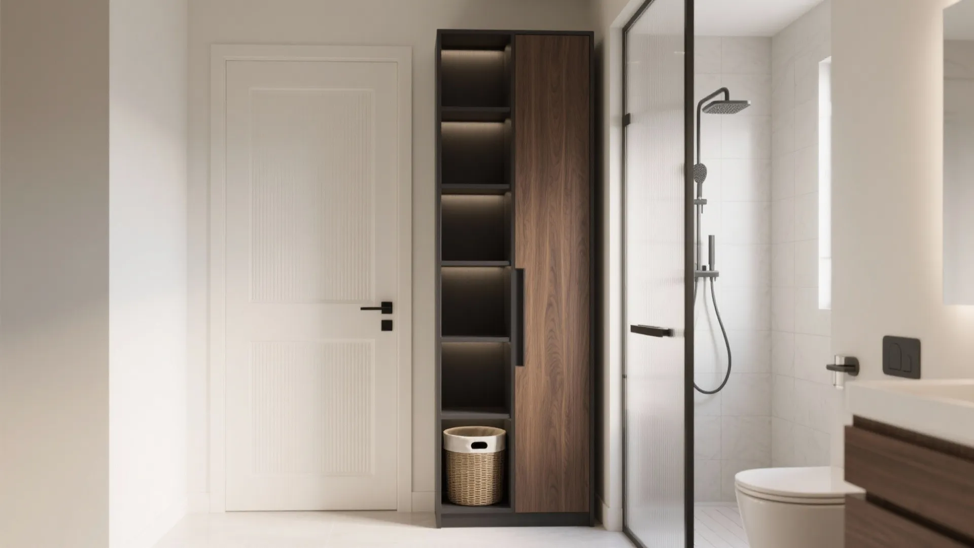 Tall slim bathroom storage cabinet with open lit shelves wooden door white wall and glass shower