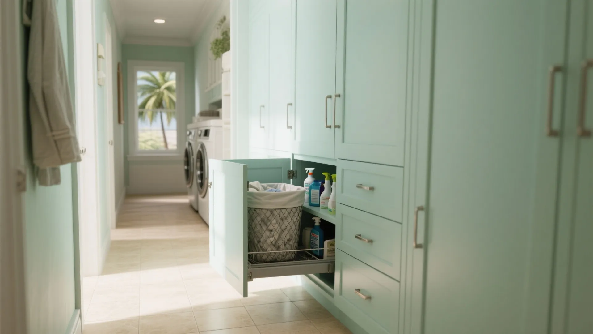 1. Slim tall cabinets with hidden hampers