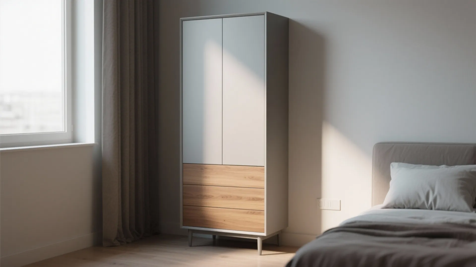 Modern tall slim cabinet with white doors and wooden drawers placed in a bright bedroom