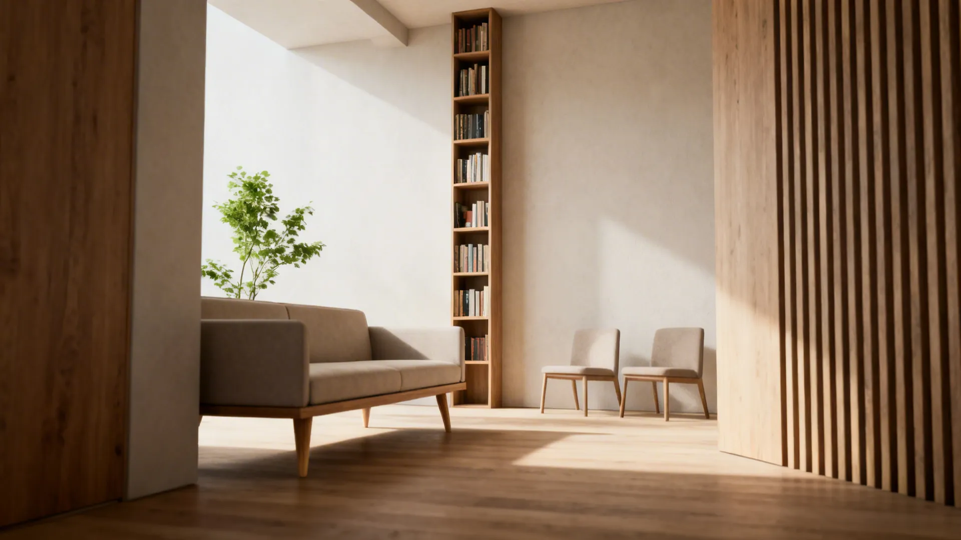 Small living room with slim sofa and tall bookcase creating a balanced airy feel