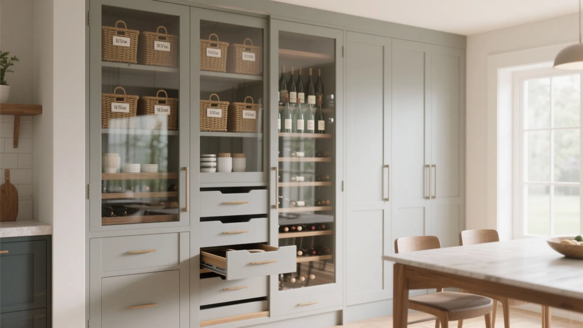 Tall grey kitchen storage cabinet featuring glass doors and woven baskets next to a dining table
