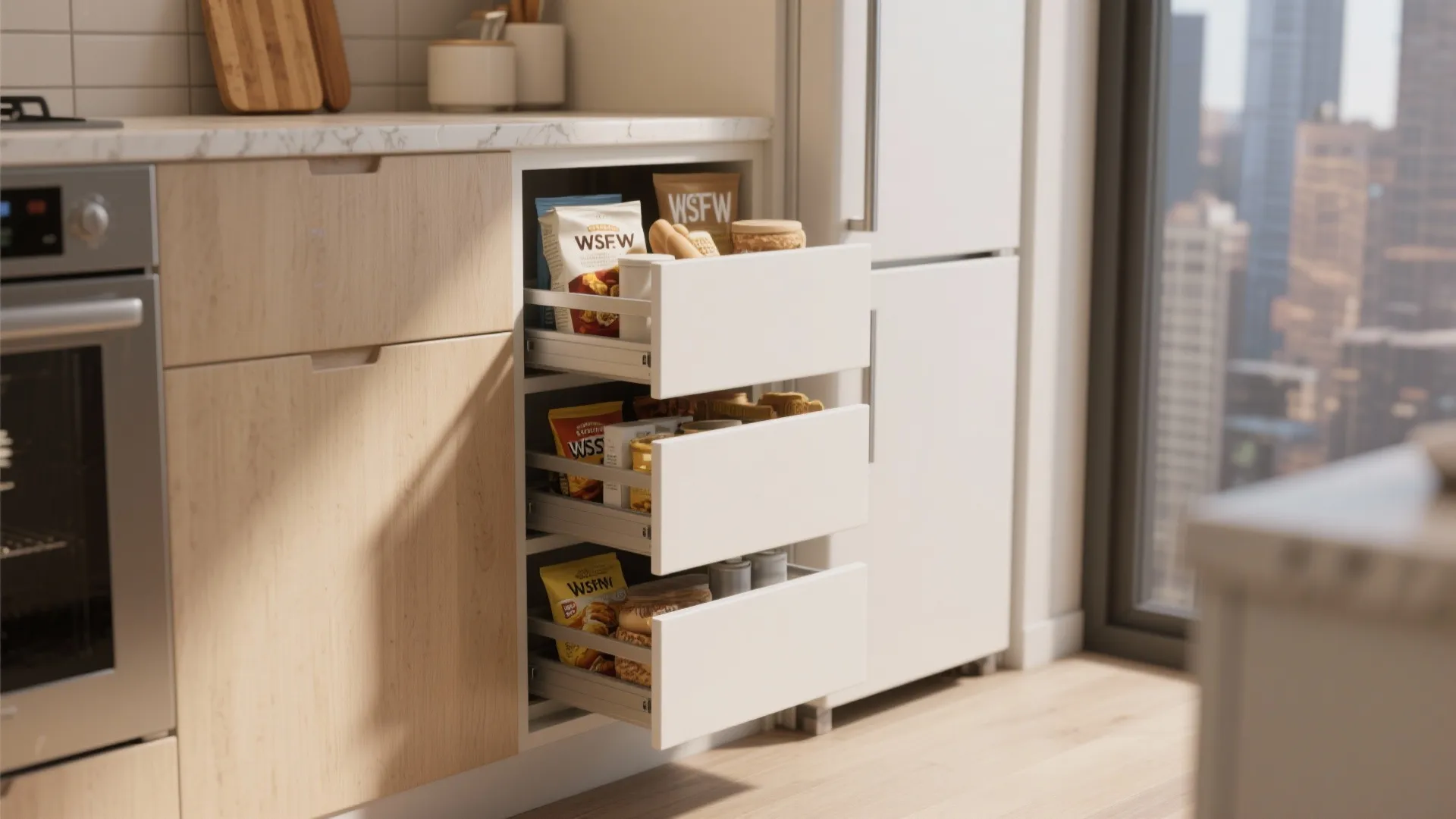 1. Slim tall 3-drawer pantry for narrow gaps