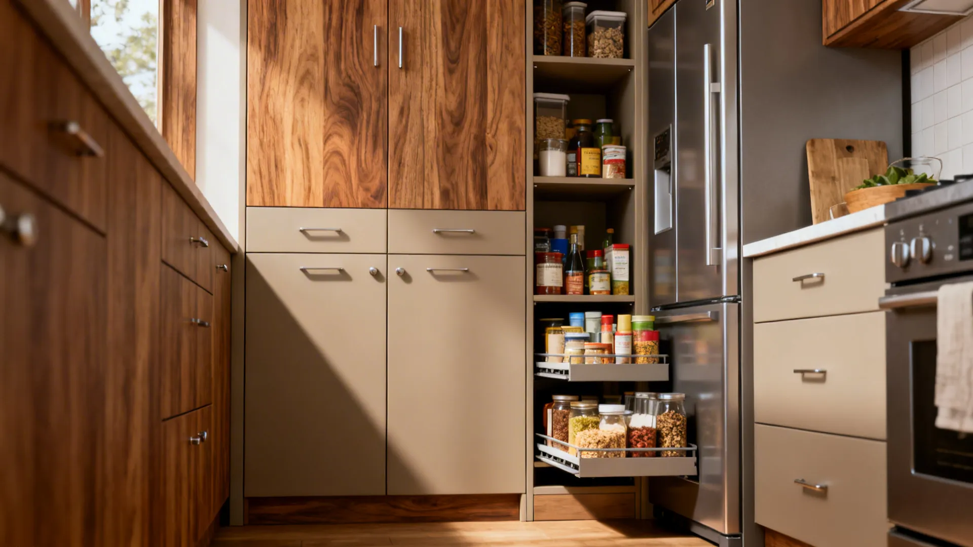 Slim tall modular pantry cabinets with pull-out shelves beside a fridge in a small kitchen