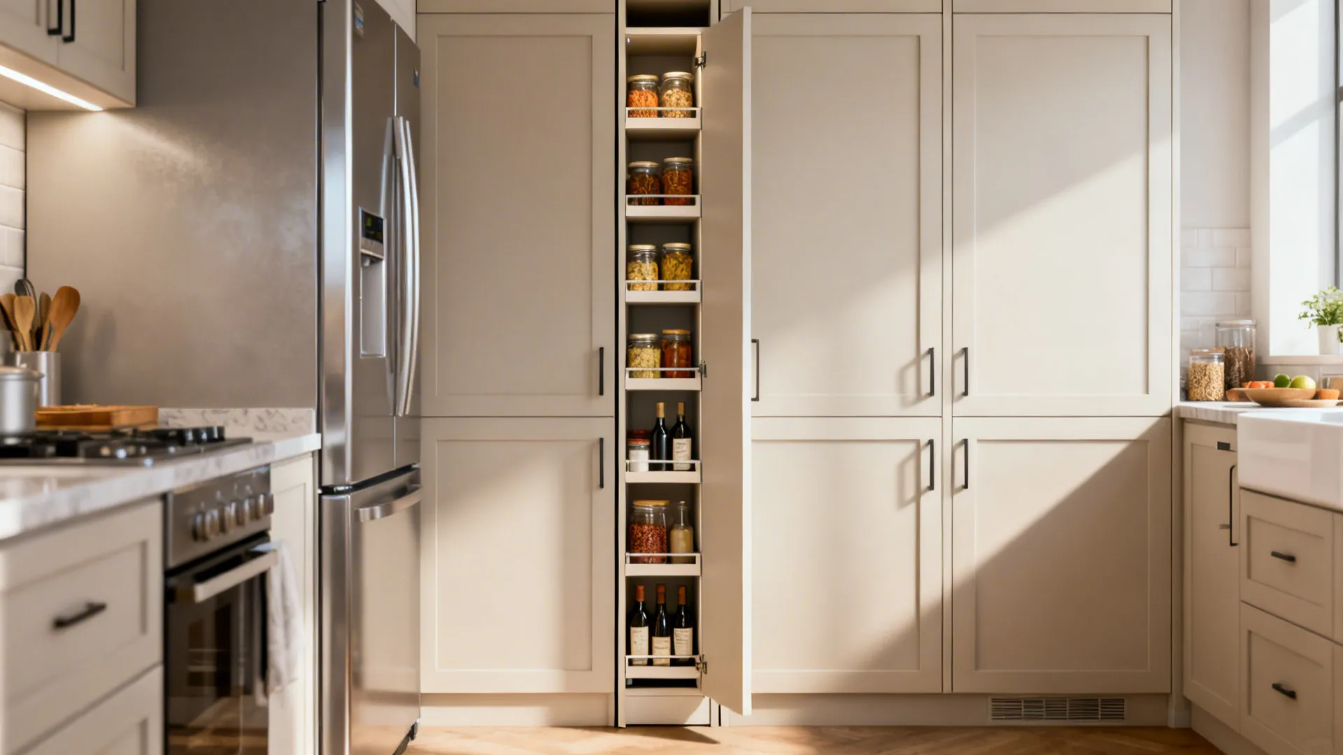 Slim tall pantry cabinet with pull-out narrow shelves beside a refrigerator in a small kitchen.