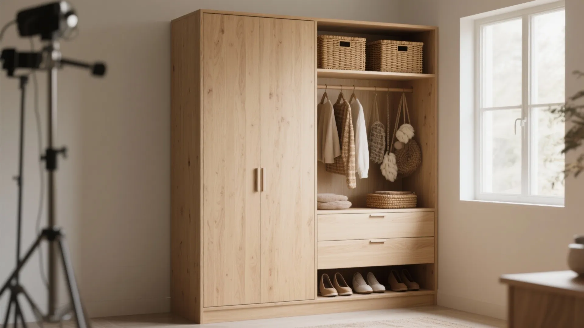 Light wood wardrobe with doors open showing hanging clothes baskets drawers and shoes near a window