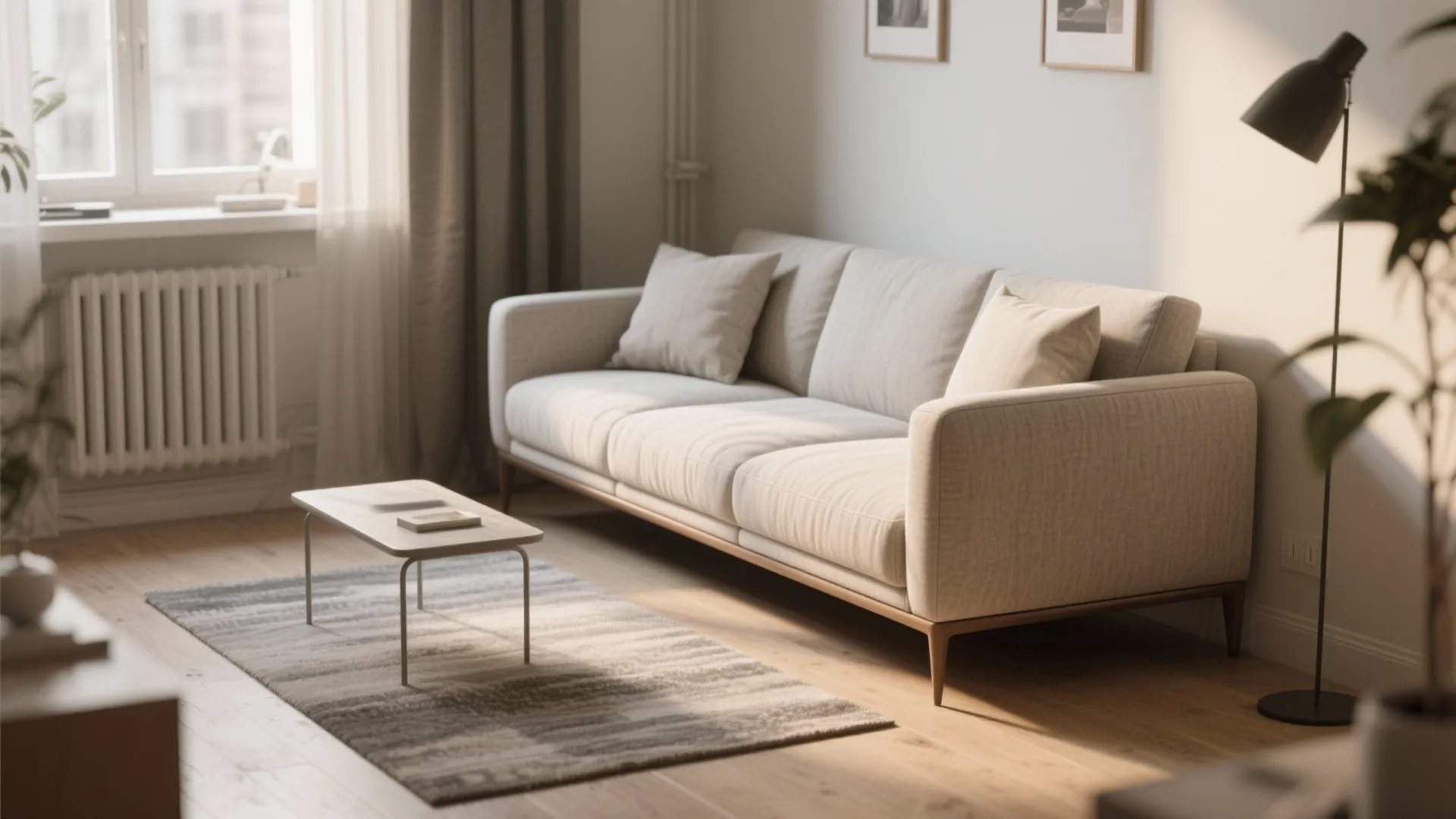 Modern living room featuring a beige sofa with wood legs small coffee table and floor lamp