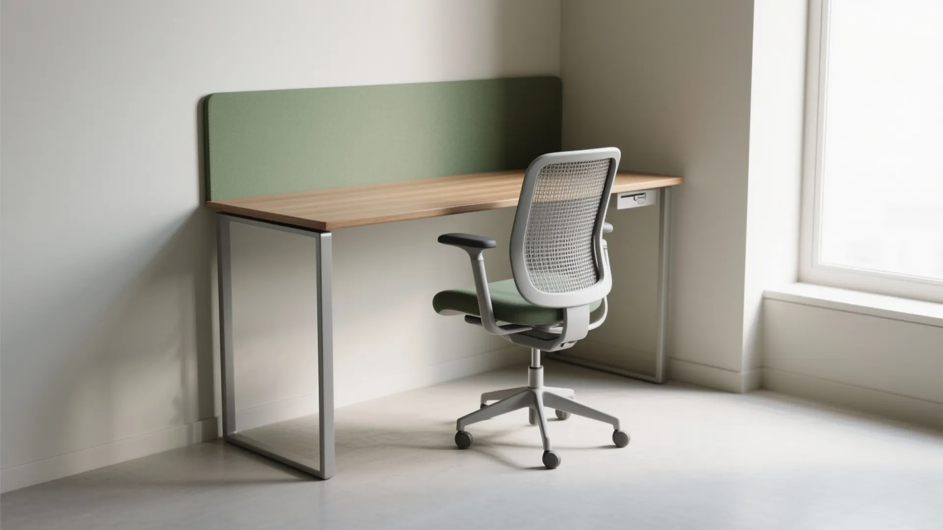 Minimalist home office corner featuring a wooden desk and a grey mesh ergonomic desk chair