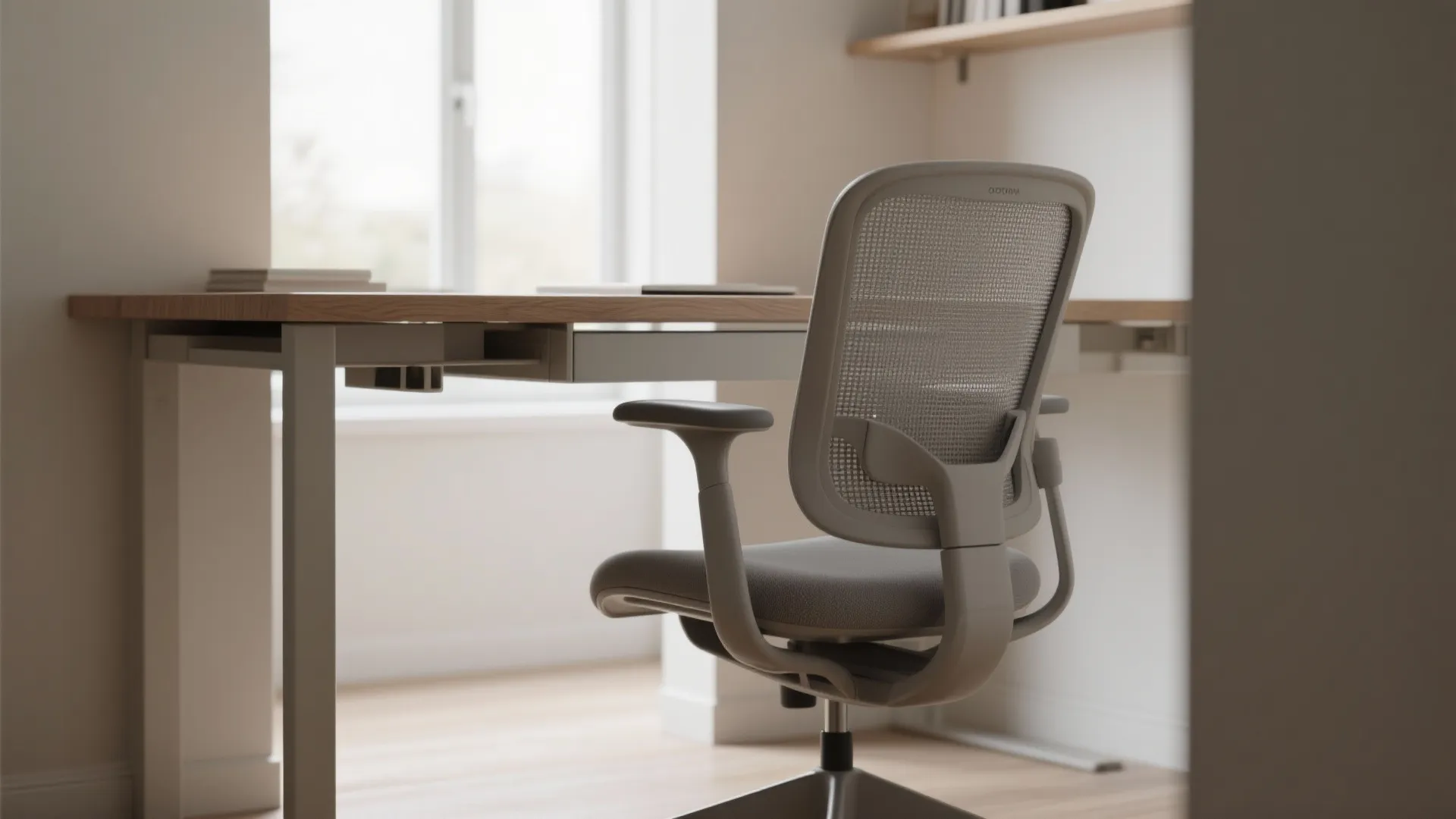 Grey mesh office chair placed behind wooden desk in a bright room with natural light
