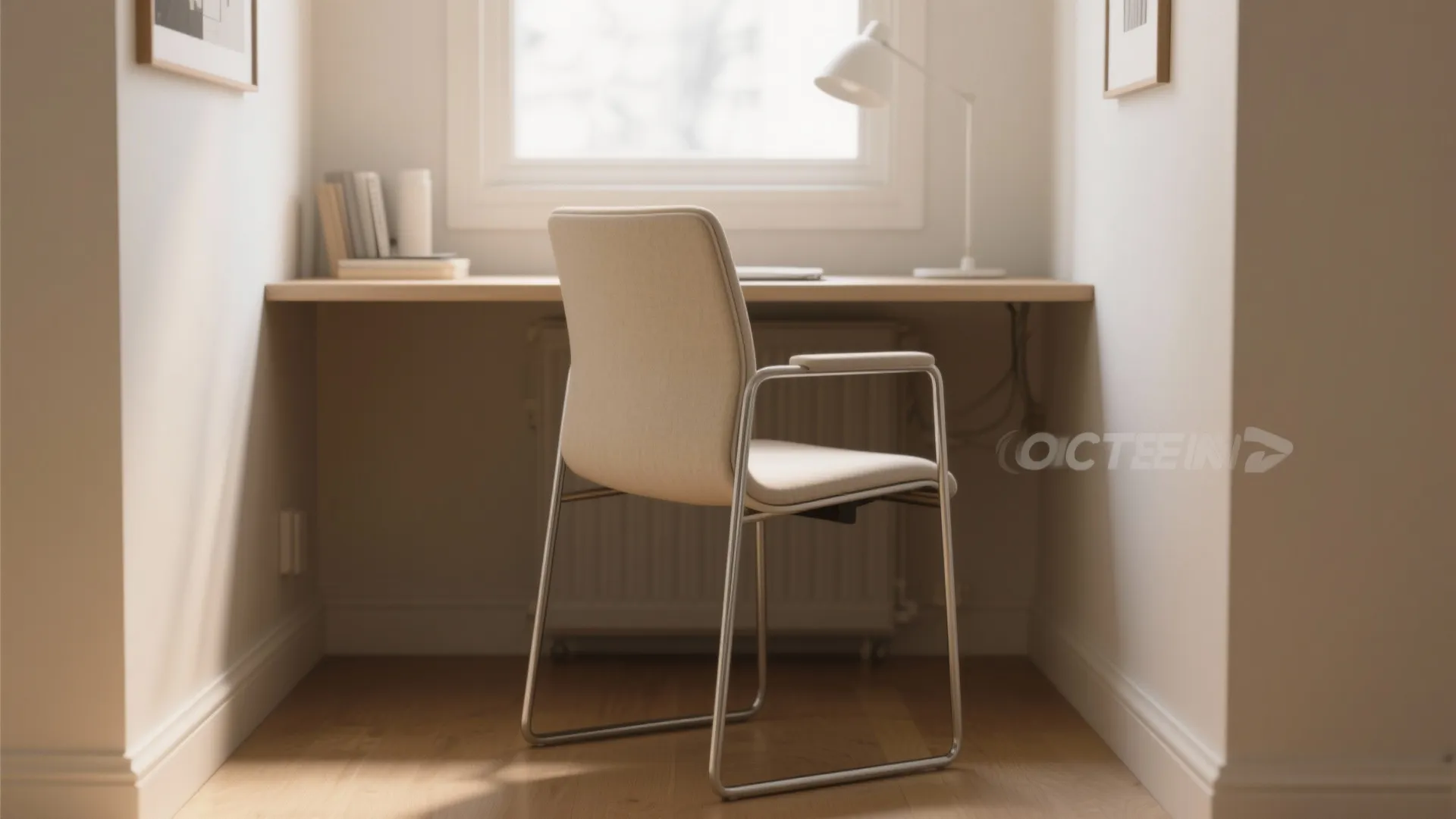 Beige office chair at minimalist wooden desk with white lamp next to a bright window