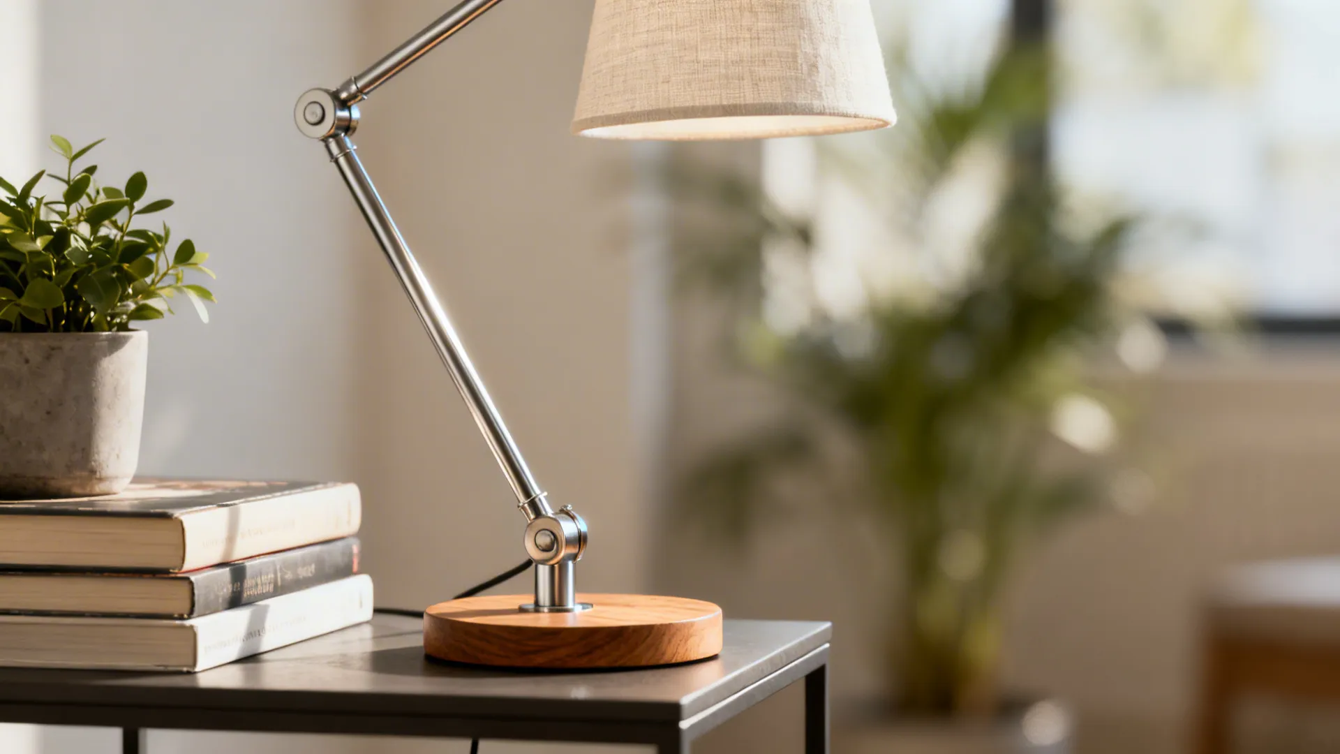 Slim metal task lamp with adjustable arm on a small table next to books and a plant.