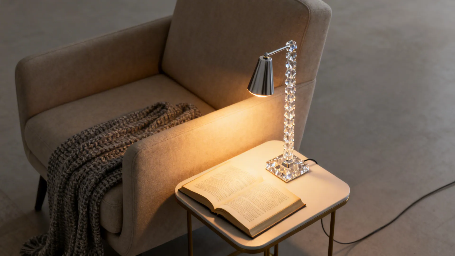 Reading nook with a slim crystal task lamp casting focused warm light over an armchair and open book.