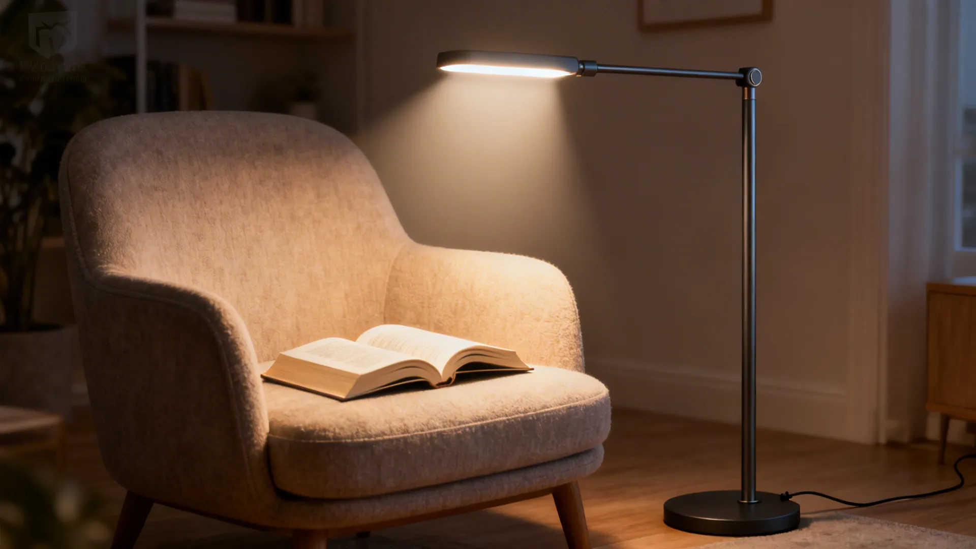 Slim adjustable task lamp casting a focused beam over a book in a compact reading corner.
