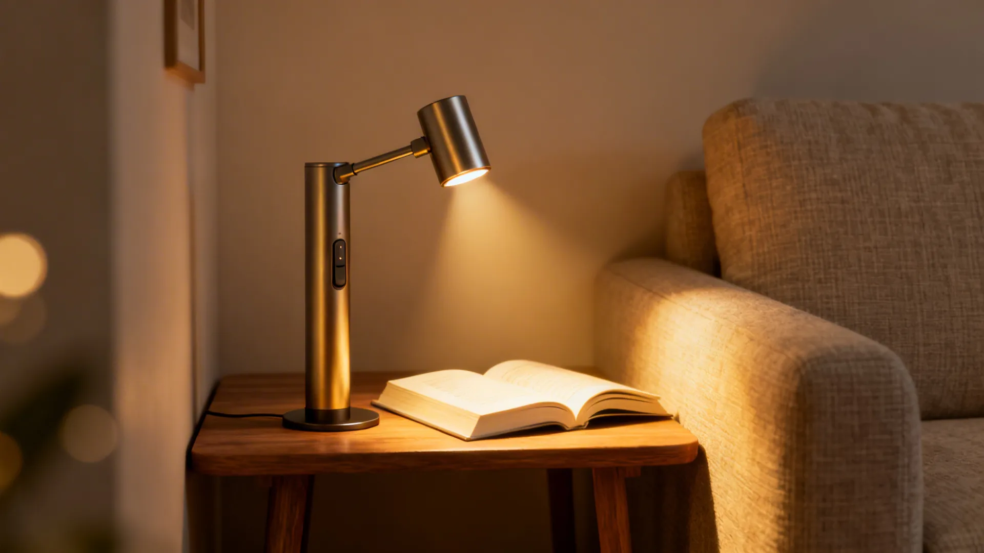 Slim rechargeable task lamp casting focused warm light on a book in a compact reading nook beside a sofa.